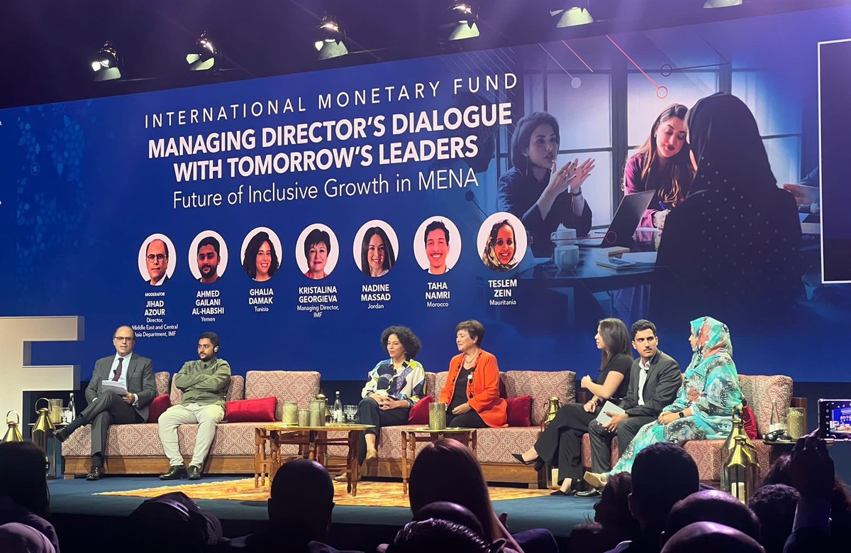 🔔Join us for the 'Managing Director’s dialogue with tomorrow’s leaders on the future of #inclusivegrowth in #MENA' with @IMFNews Jihad Azour & @KGeorgieva and a cohort of experts, including emerging young leaders. 🌍📈

#AM2023 #RoadtoMarrakech