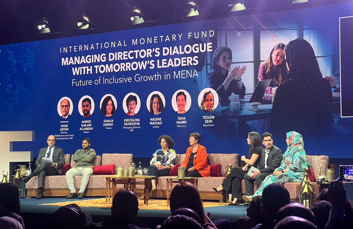 MoroccoAM2023's tweet photo. 🔔Join us for the "Managing Director’s dialogue with tomorrow’s leaders on the future of #inclusivegrowth in #MENA" with @IMFNews Jihad Azour & @KGeorgieva and a cohort of experts, including emerging young leaders. 🌍📈
#AM2023 #RoadtoMarrakech https://t.co/bkThtrNR0B