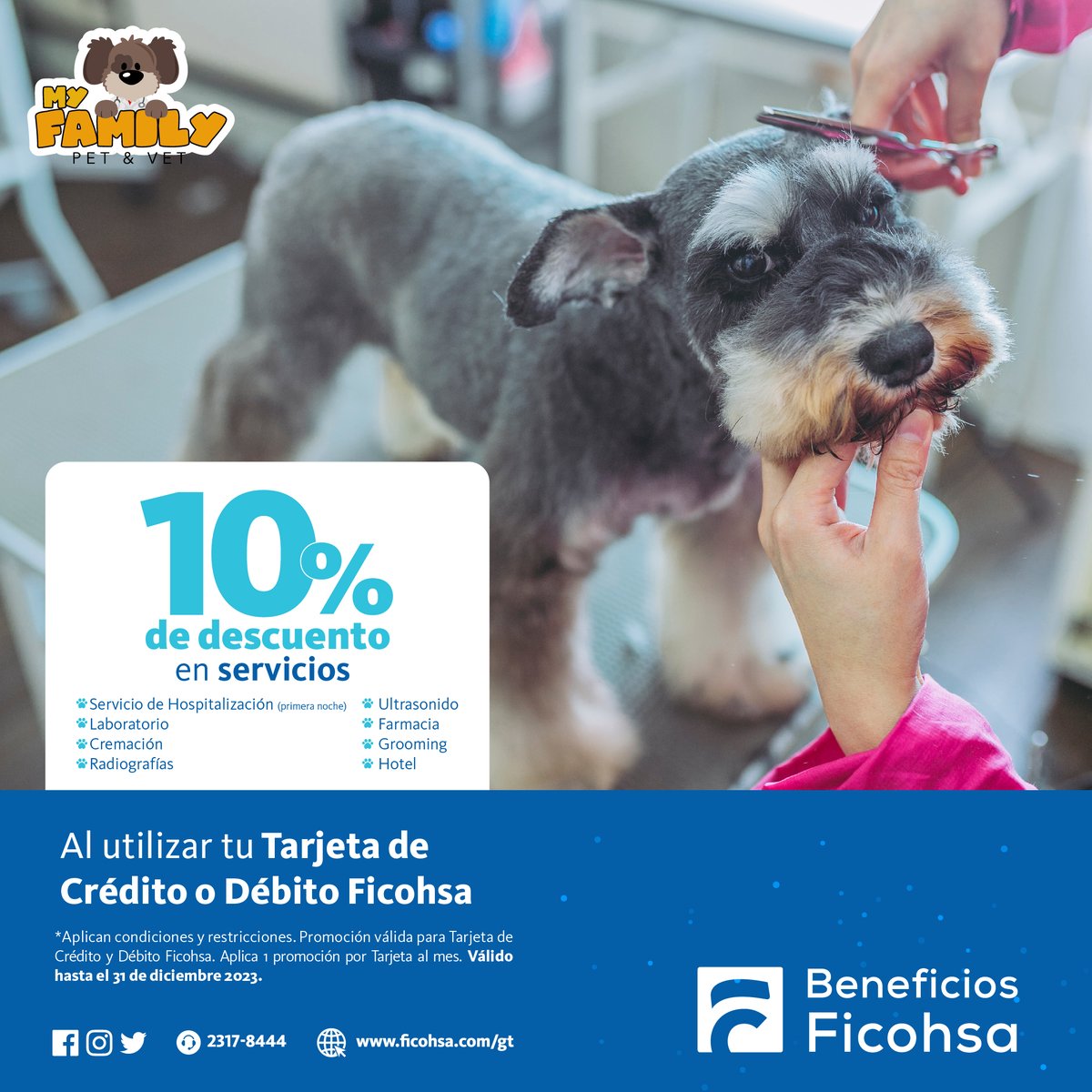 ¡En Veterinaria My Family obtienes beneficios ÚNICOS 🐱 🐶 con tu Tarjeta Ficohsa!

✅ 5% de descuento en Tienda de Alimentos
✅ 10% de descuento en Consultas y Servicios
✅ 15% de descuento en Cirugías

Conoce más beneficios que obtienes con tus Tarjetas: bit.ly/3tpbdfh
