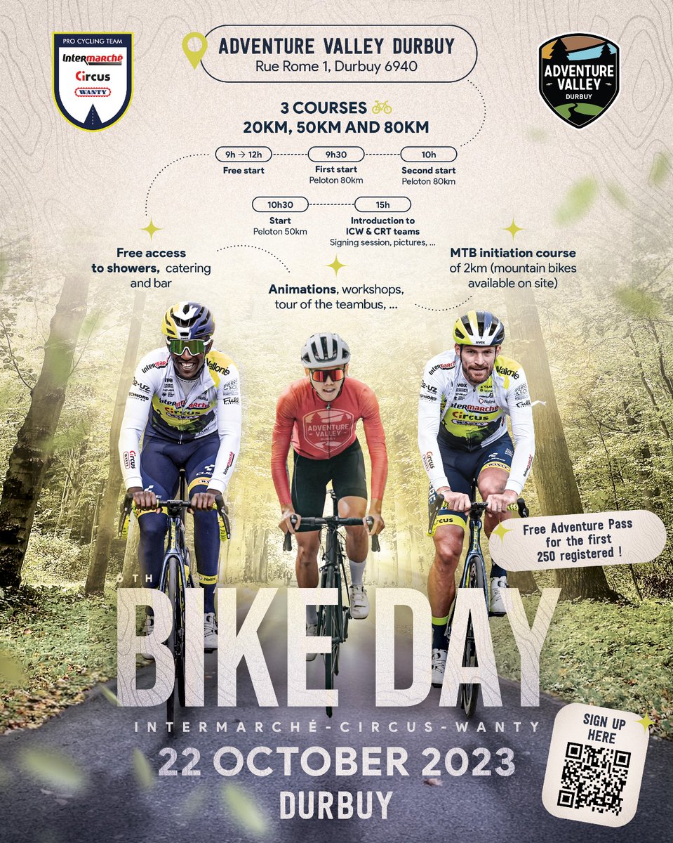 Dear fans 🥰 We are pleased to invite you to our BIKE DAY on 22 October in the venue 'Adventure Valley Durbuy' ▪️Meet the riders ▪️Ride with the team (20, 50 & 80km) ▪️Autographs + photos ▪️much more! REGISTRATION HERE: forms.gle/fbXRCcqMf4p7Si…