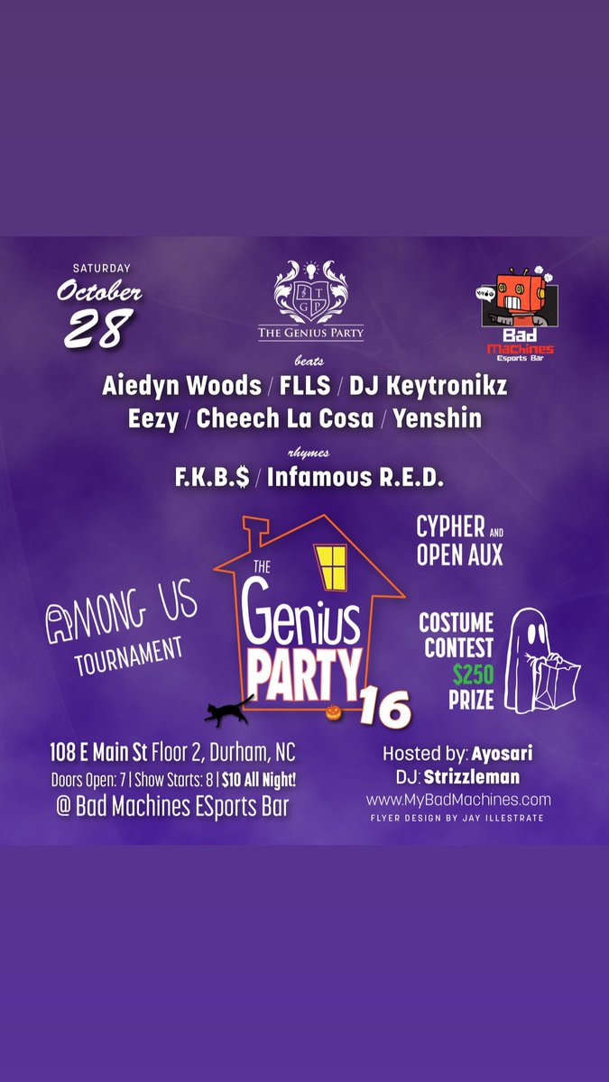 TheGeniusParty's tweet photo. Bring in Halloween weekend right with the Genius Party squad! Pull up October 28th to our new venue @MyBadMachines &amp; enjoy a dope lineup of amazing artists/producers 
There will be an Among Us tournament and Halloween costume contest too. The winner receives $250🤑💰💵‼️ https://t.co/S44lXbtPyL