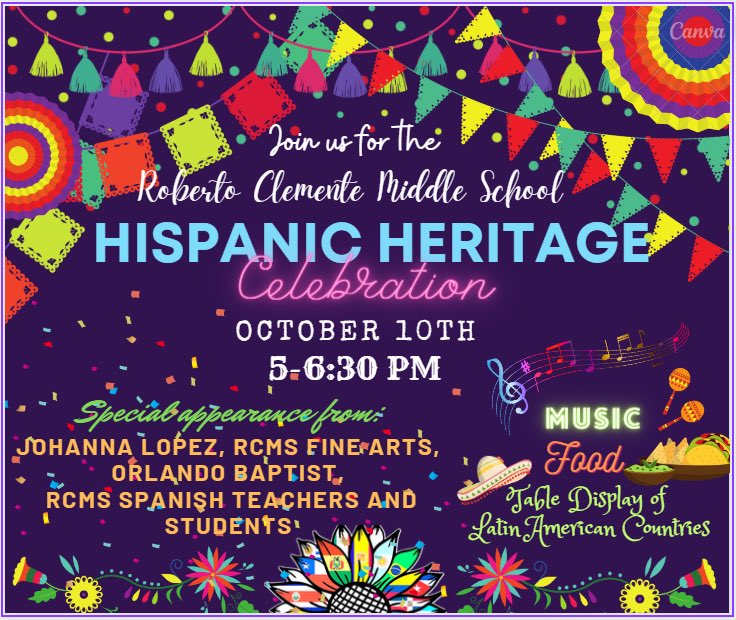 Roberto Clemente Middle School (@rcms_ocps) on Twitter photo Jaguar families, join us tomorrow, from 5-6:30 pm, for an incredible Hispanic Heritage Celebration! 🐆❤️✨ #ThisIsTheWay <a href="/Agudo_OCPS/">Principal Agudo-OCPS</a> <a href="/OCPSnews/">ocpsnews</a> <a href="/JohannaForFL/">Johanna López</a> <a href="/OCPS_MSD/">Multilingual Services</a> Jaguar families, join us tomorrow, from 5-6:30 pm, for an incredible Hispanic Heritage Celebration! 🐆❤️✨ #ThisIsTheWay <a href="/Agudo_OCPS/">Principal Agudo-OCPS</a> <a href="/OCPSnews/">ocpsnews</a> <a href="/JohannaForFL/">Johanna López</a> <a href="/OCPS_MSD/">Multilingual Services</a>