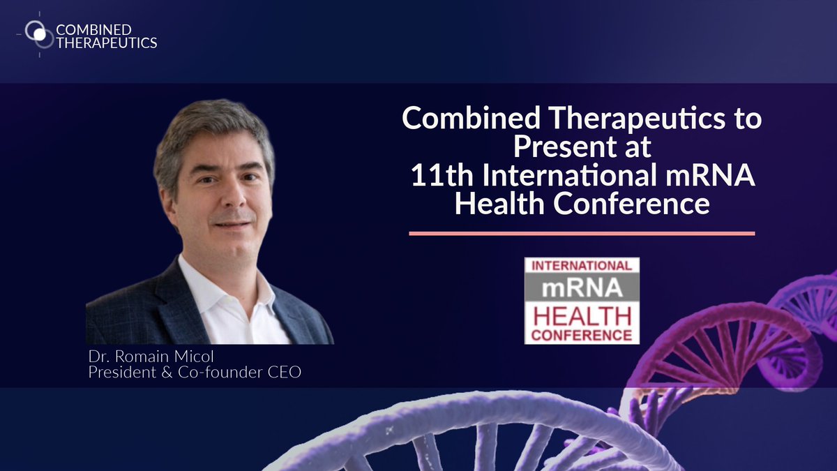 Combined Therapeutics (@combined_tx) on Twitter photo Later this month, our President and Co-founder #CEO, Dr. Romain Micol will be presenting at the 11th International <a href="/mRNAconference/">International mRNA Health Conference</a> taking place October 31 – November 2 in Berlin, Germany and virtually.
Stayed tuned for additional details: bit.ly/3LSpTjd Later this month, our President and Co-founder #CEO, Dr. Romain Micol will be presenting at the 11th International <a href="/mRNAconference/">International mRNA Health Conference</a> taking place October 31 – November 2 in Berlin, Germany and virtually.
Stayed tuned for additional details: bit.ly/3LSpTjd