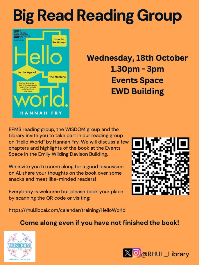 Wisdom is teaming up with the EPMS reading group and @RHUL_Library to celebrate the Big Read! Come along to our reading group event on 18 Oct: you don't need to have finished the book 📚💻🚀☕️ See below for more details ⬇️