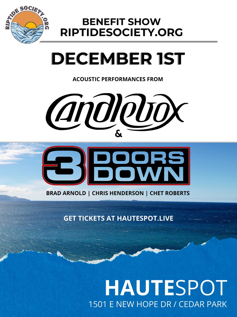 CANDLEBOX (@candlebox) on Twitter photo Texas! We're very happy to announce show #1 to benefit our good friends at riptidesociety.org. December 1 at <a href="/hautespotlive/">Haute Spot LIVE</a> in Austin we'll be performing acoustic along with Brad, Chris, & Chet from <a href="/3doorsdown/">3 Doors Down</a>. Tickets go on sale this Friday @ 10am. CandleboxRocks.com/tour Texas! We're very happy to announce show #1 to benefit our good friends at riptidesociety.org. December 1 at <a href="/hautespotlive/">Haute Spot LIVE</a> in Austin we'll be performing acoustic along with Brad, Chris, & Chet from <a href="/3doorsdown/">3 Doors Down</a>. Tickets go on sale this Friday @ 10am. CandleboxRocks.com/tour