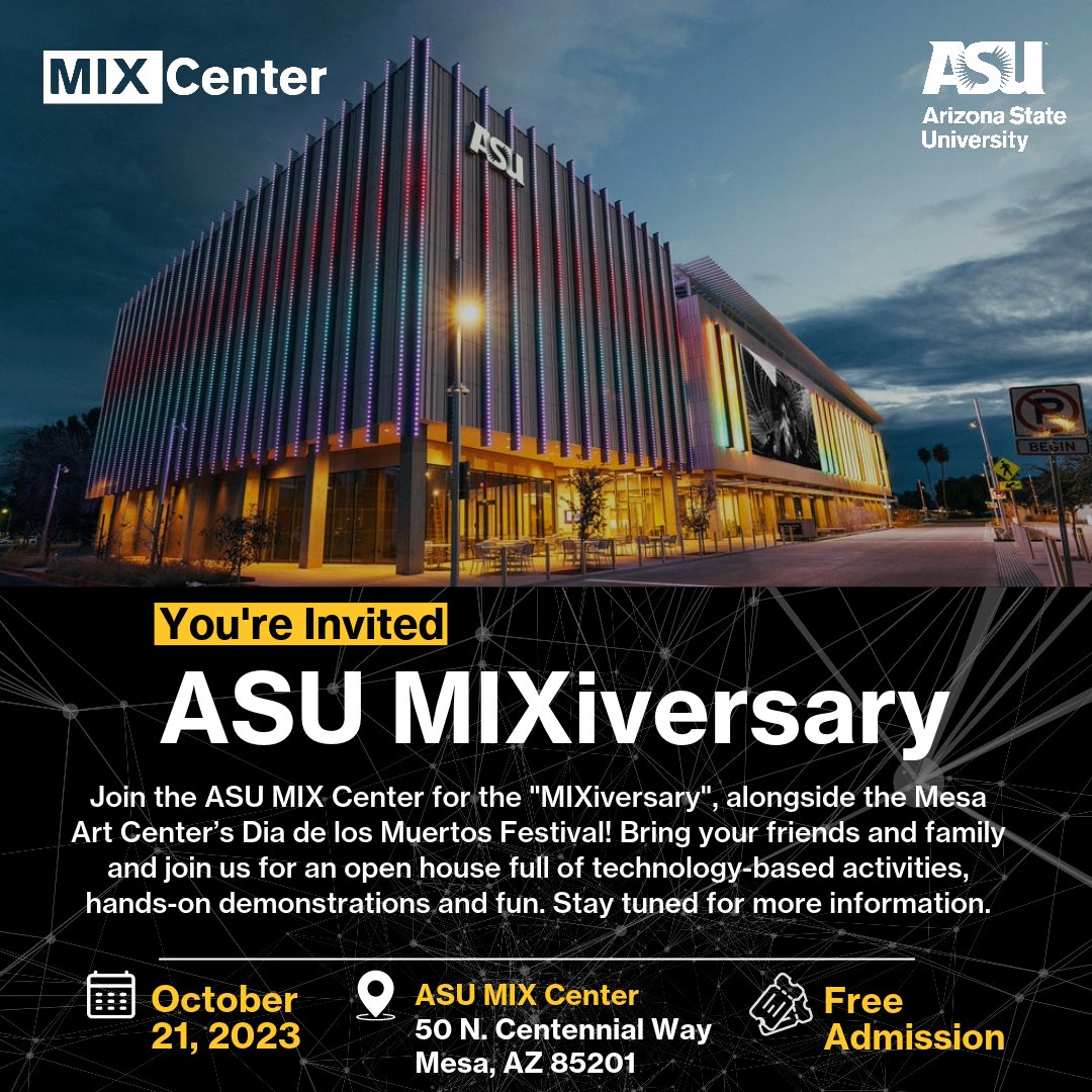 Join us on Sat., October 21 to celebrate the ASU MIX Center's one-year anniversary from noon to 5pm as we explore the limitless possibilities of technology, creativity, and collaboration. Stay tuned for updates and mark your calendars on our socials and the ASU Events page! 📆