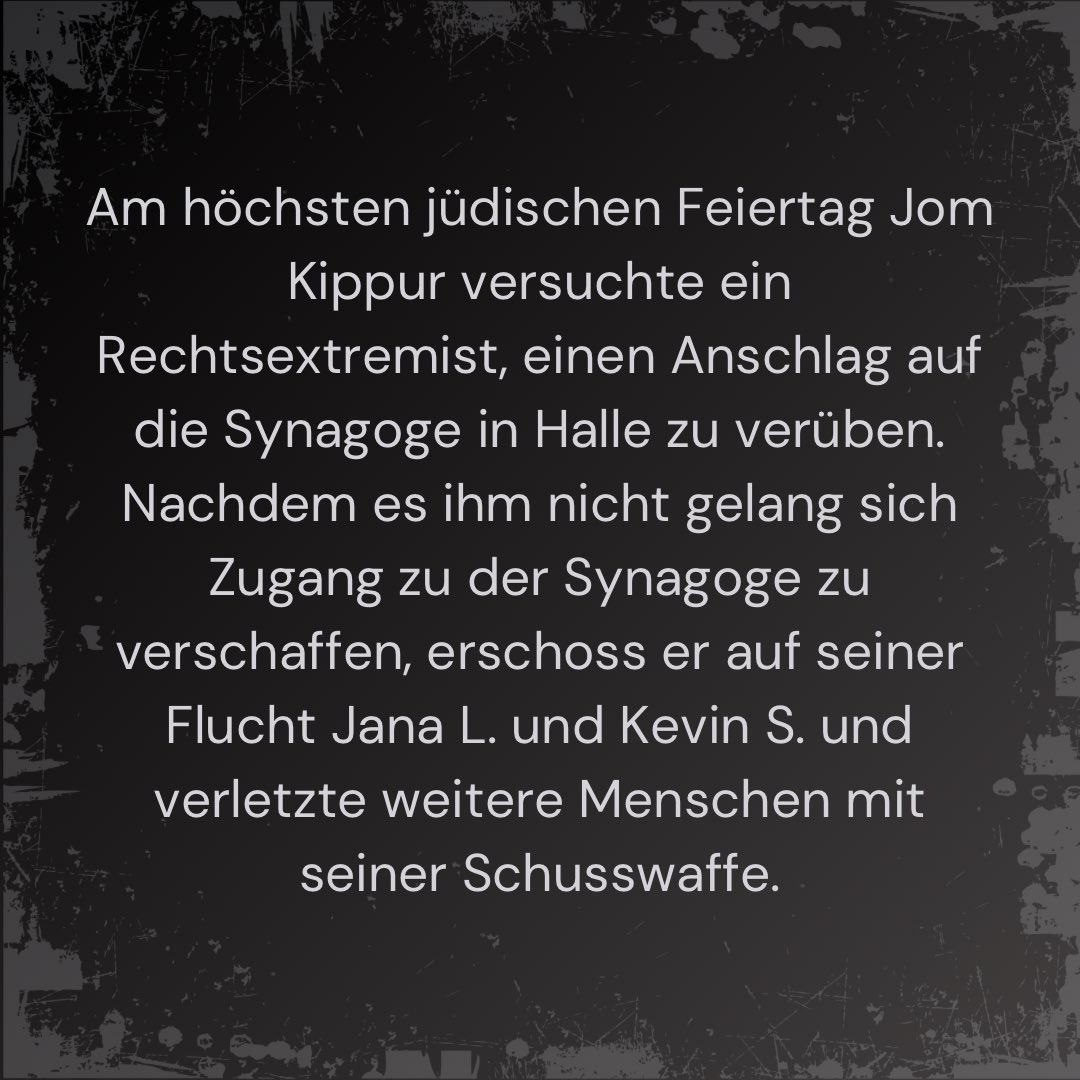 dieBKMO's tweet photo. Heute erinnern wir an den Anschlag auf die Synagoge in Halle (Saale). Wir gedenken all der Opfer, die in der Synagoge waren und traumatisiert wurden, und der Opfer, die der Attentäter auf seiner Flucht nach dem misslungenen Anschlag erschossen und verletzt hat. 1/8 https://t.co/BP50InTGKS