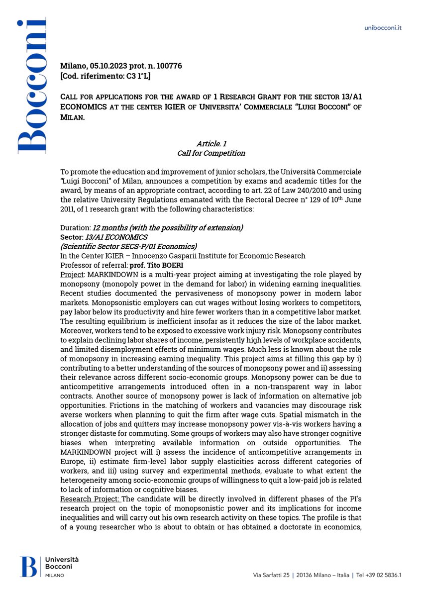 Tito Boeri (@tboeri) on Twitter photo Call for competition: Post-doc opportunity at <a href="/Unibocconi/">Università Bocconi</a> to study monopsony and inequalities within an ERC project. If interested, apply here
jobmarket.unibocconi.eu/?type=a&urlBac… Call for competition: Post-doc opportunity at <a href="/Unibocconi/">Università Bocconi</a> to study monopsony and inequalities within an ERC project. If interested, apply here
jobmarket.unibocconi.eu/?type=a&urlBac…