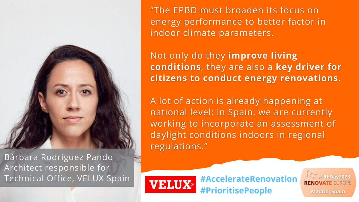 'The EPBD must broaden its focus on energy performance to better factor in indoor climate parameters.

They improve living conditions & are a key driver for citizens to conduct energy renovations.'

says Barbara Rodriguez Pando @VELUX Spain
#AccelerateRenovation #PrioritisePeople