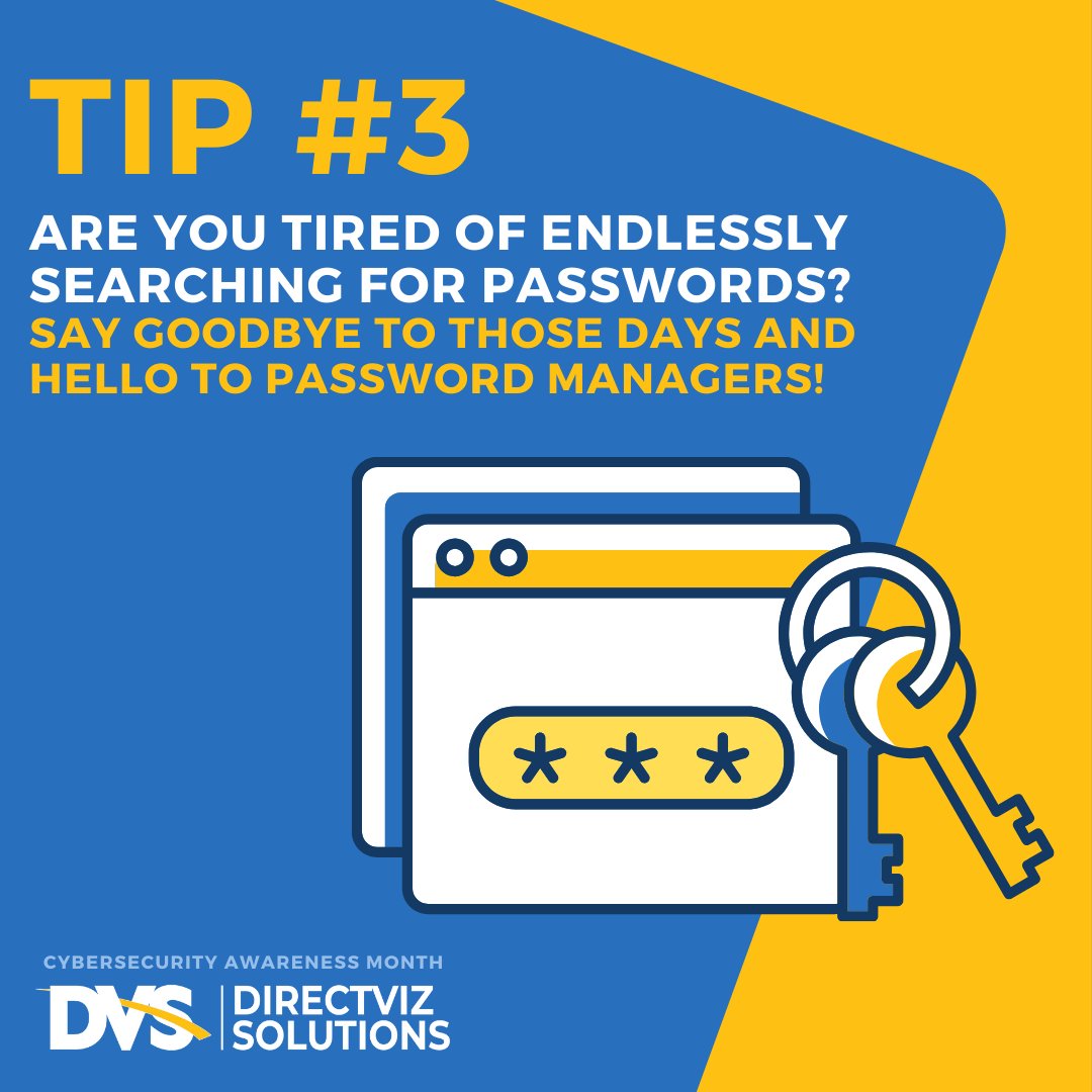 directviz's tweet photo. October is #cybersecurityawarenessmonth Working in alignment with #nationalcybersecurityalliance DVS will be sharing best practices to keep yourself safe online. Swipe left for the best tips on creating strong passwords.

#directviz #cybersecurityawareness #staydiligent https://t.co/3y0H2LiEU6