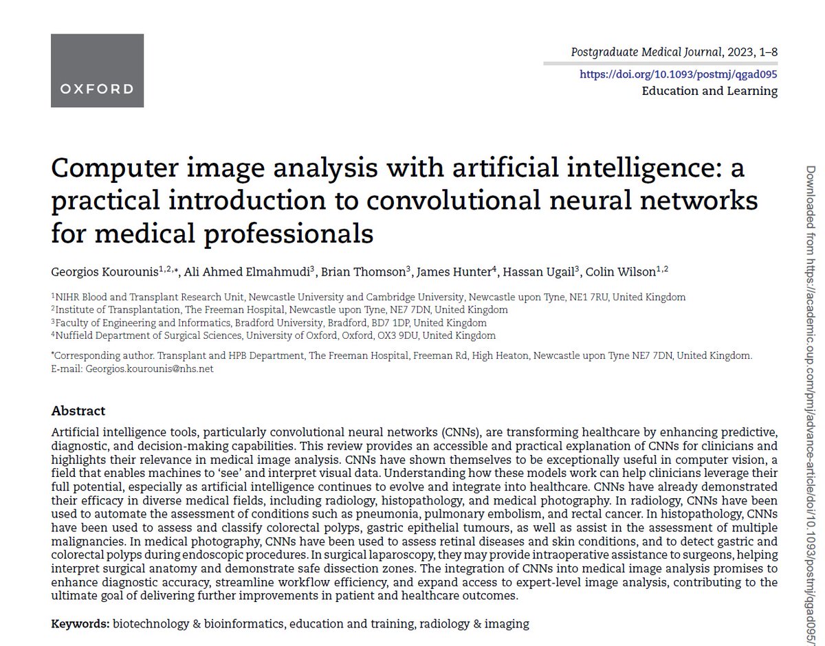 Just published: Computer image analysis with artificial intelligence: a practical introduction to convolutional neural networks for medical professionals, in Postgraduate Medical Journal, doi.org/10.1093/postmj…
