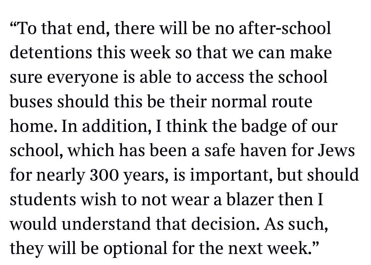 This email to parents, from the Head of London’s Jewish Free School - especially the bit about kids not having to wear the blazer, so as not to be attacked or suffer hate on the streets because it might mark them out as going to a Jewish school - breaks my heart.