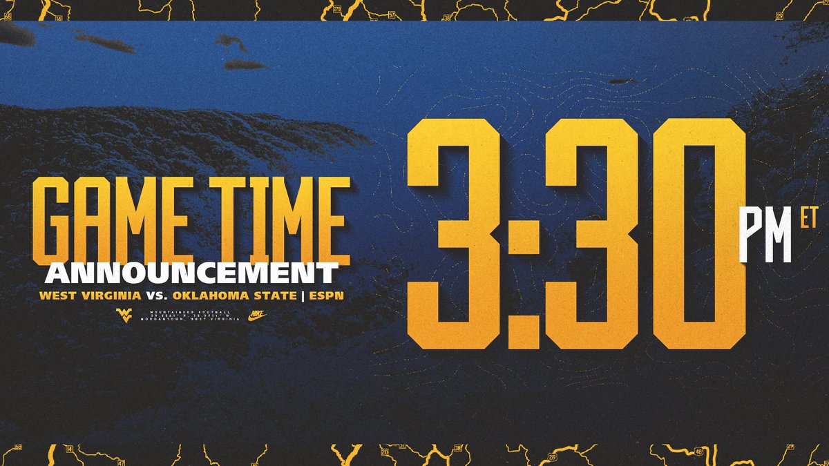 WVUfootball's tweet photo. 𝐆𝐚𝐦𝐞 𝐓𝐢𝐦𝐞

🆚 Oklahoma St.
🗓️ Saturday, Oct. 21
📺 ESPN https://t.co/bVqm1JY1eM
