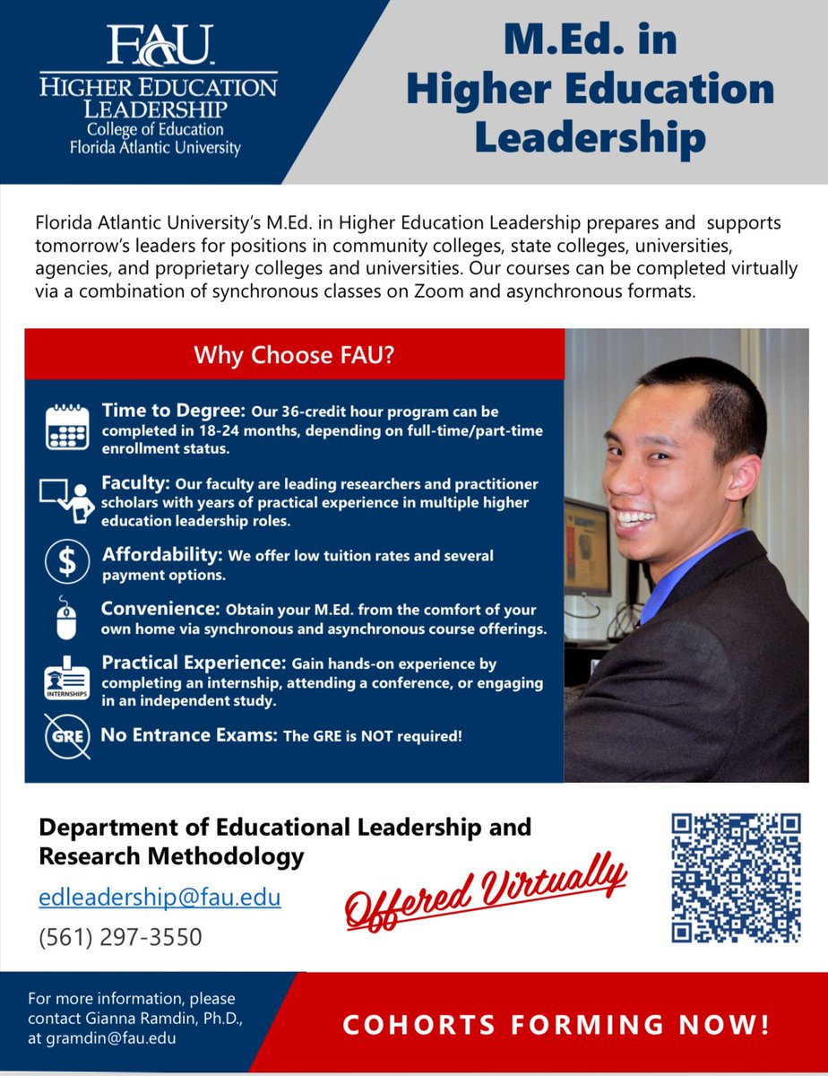 🎓 Elevate your career in education with our M.Ed. in Higher Education Leadership program! 🌟 Unlock opportunities to shape the future of academia. Ready to lead? Join us today! fau.edu/education/acad…
<a href="/FAUGradCollege/">FAU Graduate College</a> <a href="/FloridaAtlantic/">Florida Atlantic University</a> <a href="/faueducation/">FAU College of Education</a>
