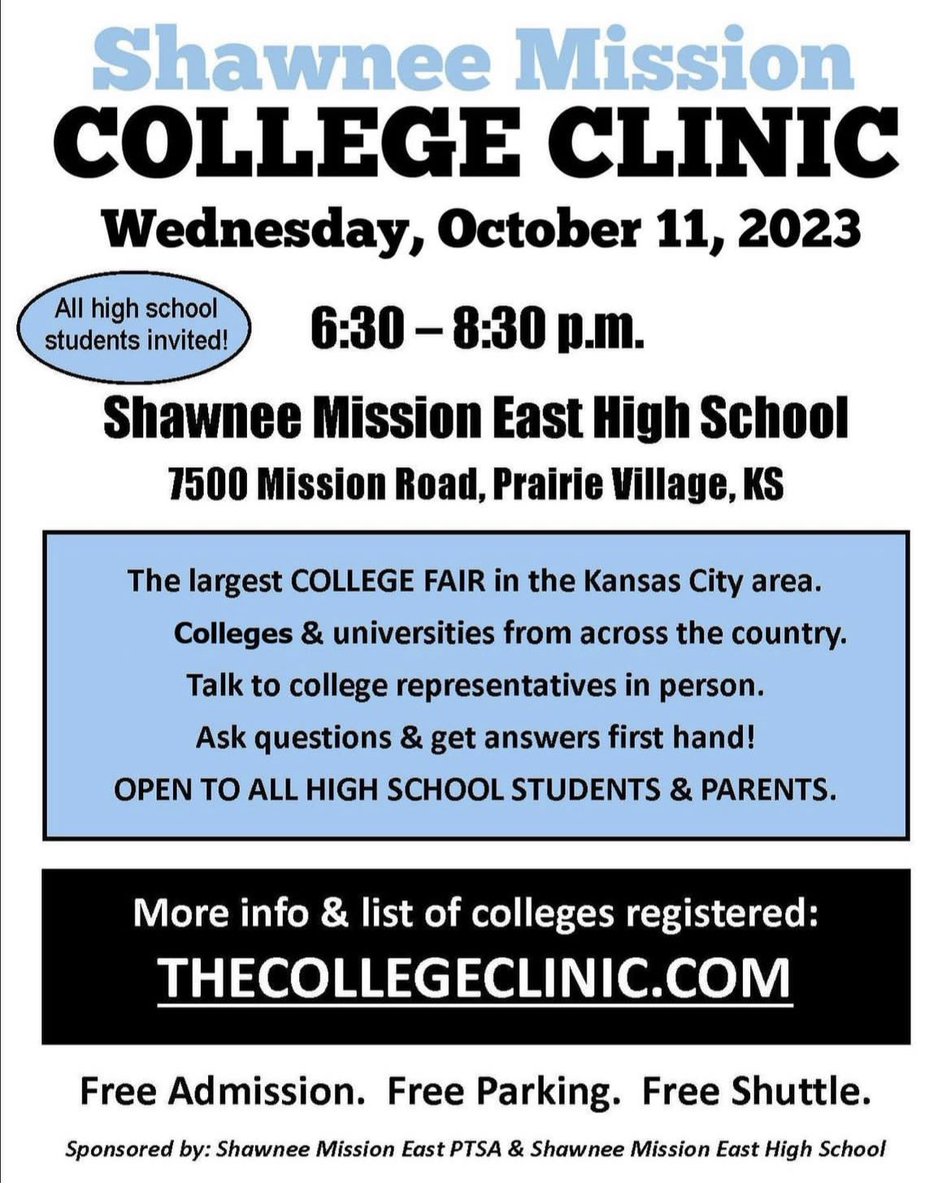 Mrs. Bryan (@smsadviser) on Twitter photo The Shawnee Mission College Clinic is happening on Wednesday. This is a great opportunity to explore and learn about different colleges! <a href="/SMSouthTDain/">Dr. Todd Dain</a> <a href="/counselingSMS/">counselingSMS</a> The Shawnee Mission College Clinic is happening on Wednesday. This is a great opportunity to explore and learn about different colleges! <a href="/SMSouthTDain/">Dr. Todd Dain</a> <a href="/counselingSMS/">counselingSMS</a>