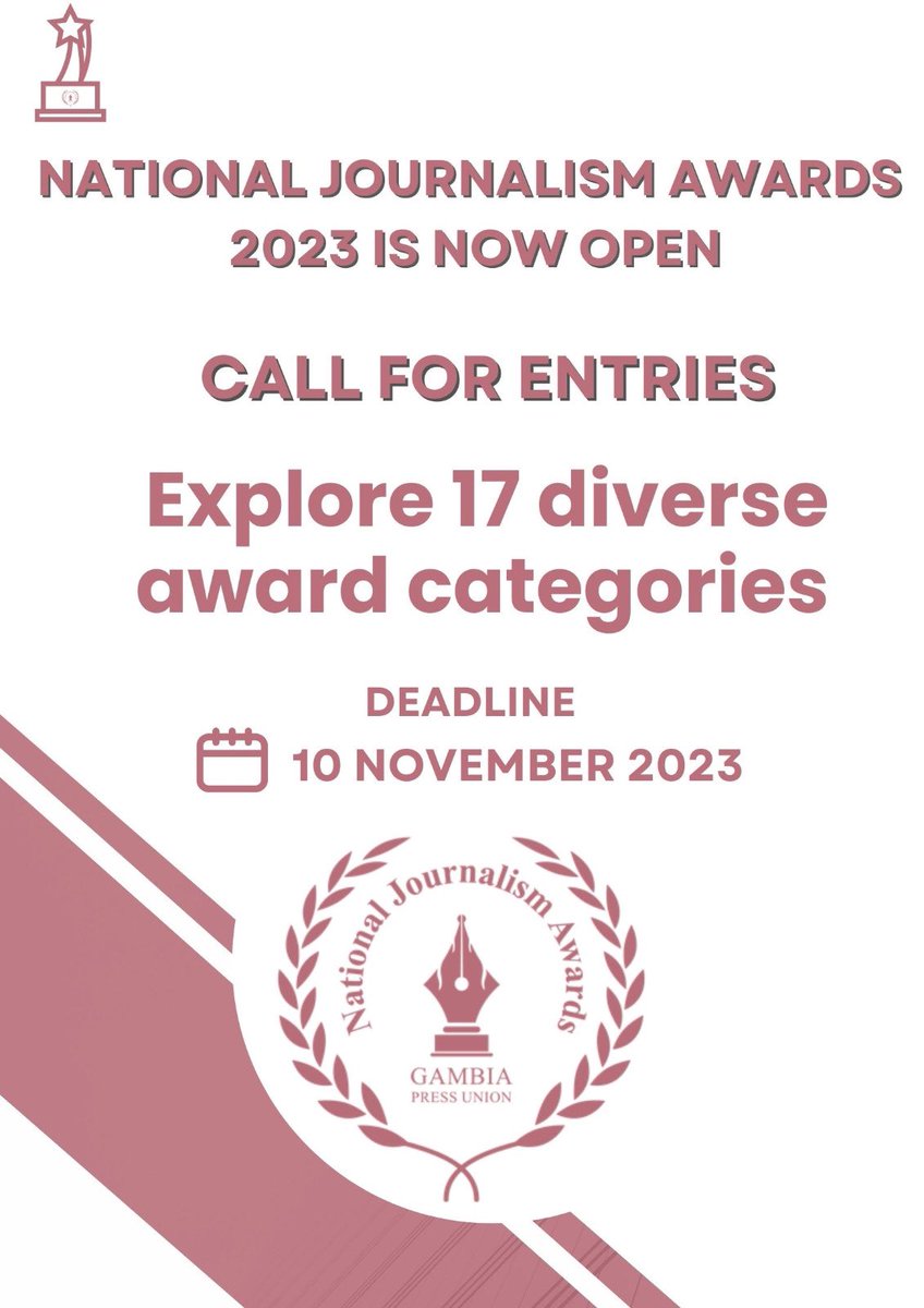 GpuAwards's tweet image. 🏆📢 Exciting News! Awards Call for Entries Period is Now Open! 🌟🏅

Get ready to shine! The National Journalism Awards Application period has officially begun. 📰✨
🔗gpuawards.gm 

#JournalismAwards2023 #ApplicationOpen