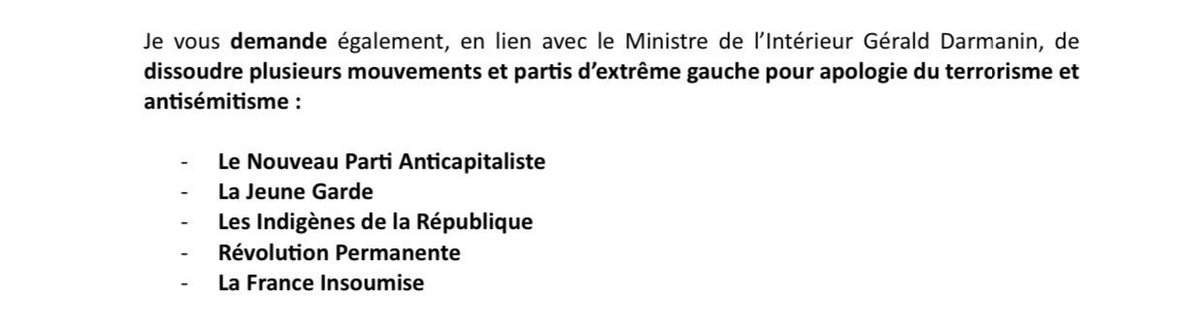 Mediavenir's tweet photo. 🇫🇷 FLASH - Le sénateur LR Stéphane Le Rudulier demande à Élisabeth Borne la dissolution du NPA, de La France Insoumise, de la Jeune Garde, et des Indigènes de la République pour apologie du terrorisme et antisémitisme. Gérald #Darmanin a annoncé plus tôt que "des procédures de dissolution" seront étudiées. (X/France Info)