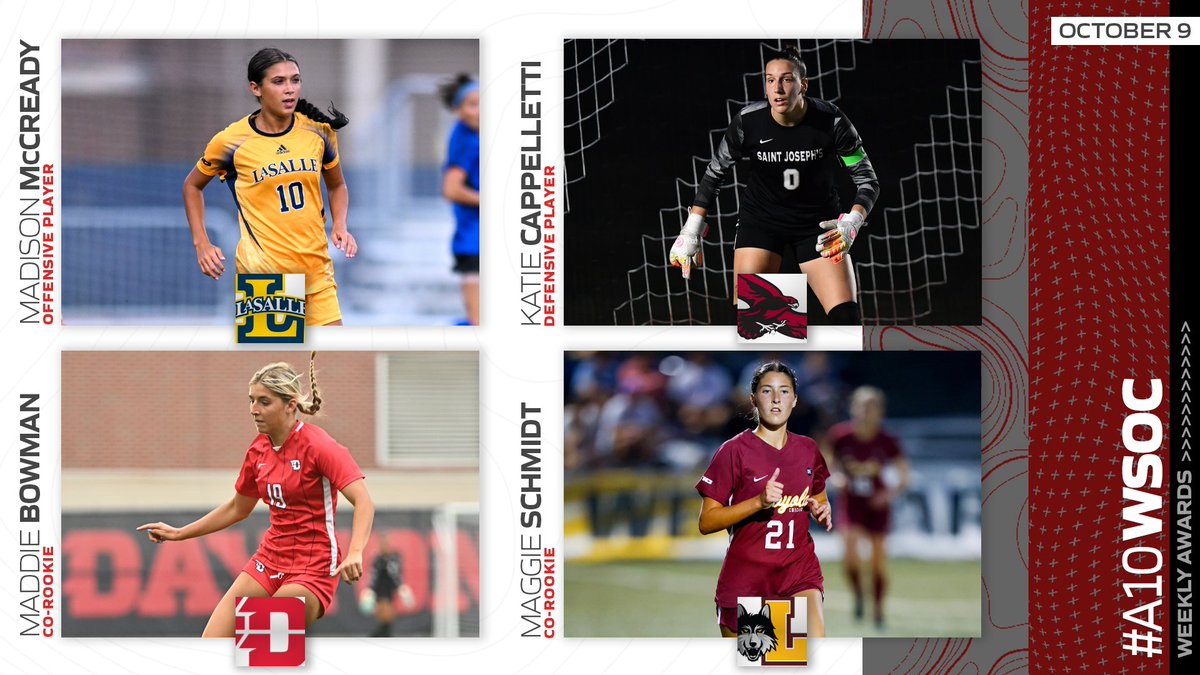 Just ✌️ weeks left in the #A10WSOC regular season 👀

Weekly Awards ⤵️
⚽️ Off. POTW
Madison McCready, <a href="/LaSalle_WSOC/">La Salle Women’s Soccer</a>

⚽️ Def. POTW:
Katie Cappelletti, <a href="/SJUHawks_WSoc/">SJU Hawks Women's Soccer</a> 

⚽️ Co-Rookies:
Maddie Bowman, <a href="/DaytonWSoccer/">Dayton Women's Soccer</a> 
Maggie Schmidt, <a href="/RamblersWSOC/">Loyola Women's Soccer</a> 

📰: bit.ly/3rMggvx