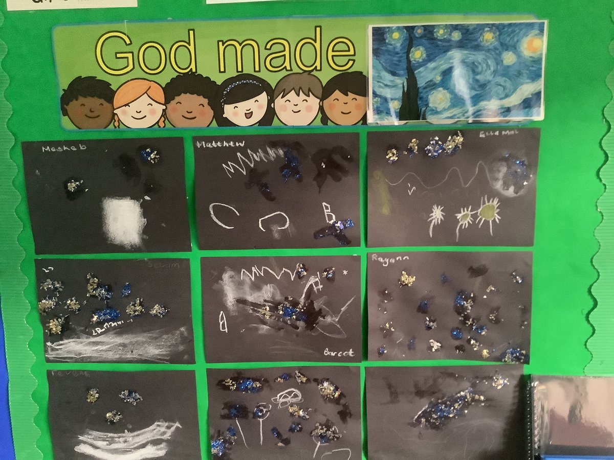 ChadPrimary's tweet photo. In Reception Class we have been learning about God’s creation. We love looking at the moon and stars at night so we studied Vincent Van Gogh’s ‘Starry Night’. We created our own pictures and talked about God’s amazing creation! #creativeRE https://t.co/D3D9LUADh8