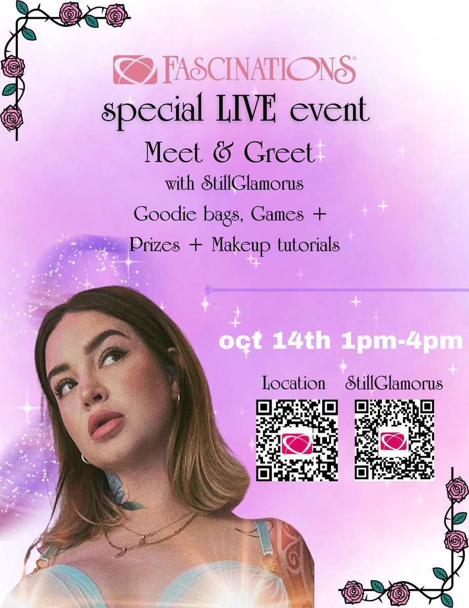 StillGlamorUs's tweet photo. In real life 🏬 ✨💖💄
@stillglamorus X @fascinationsfun
Let’s hangout Oct 14th it’s a Saturday! (scan flyer for location) in Phoenix Arizona 💖
1pm-4pm 🐇 ⏰
Goodie bags 🔥😍 arrive on time to ensure you get one + Games and Sexy Prizes 🤩
Come through, I don’t bite…
#phxlife https://t.co/yQCTwG1KHi