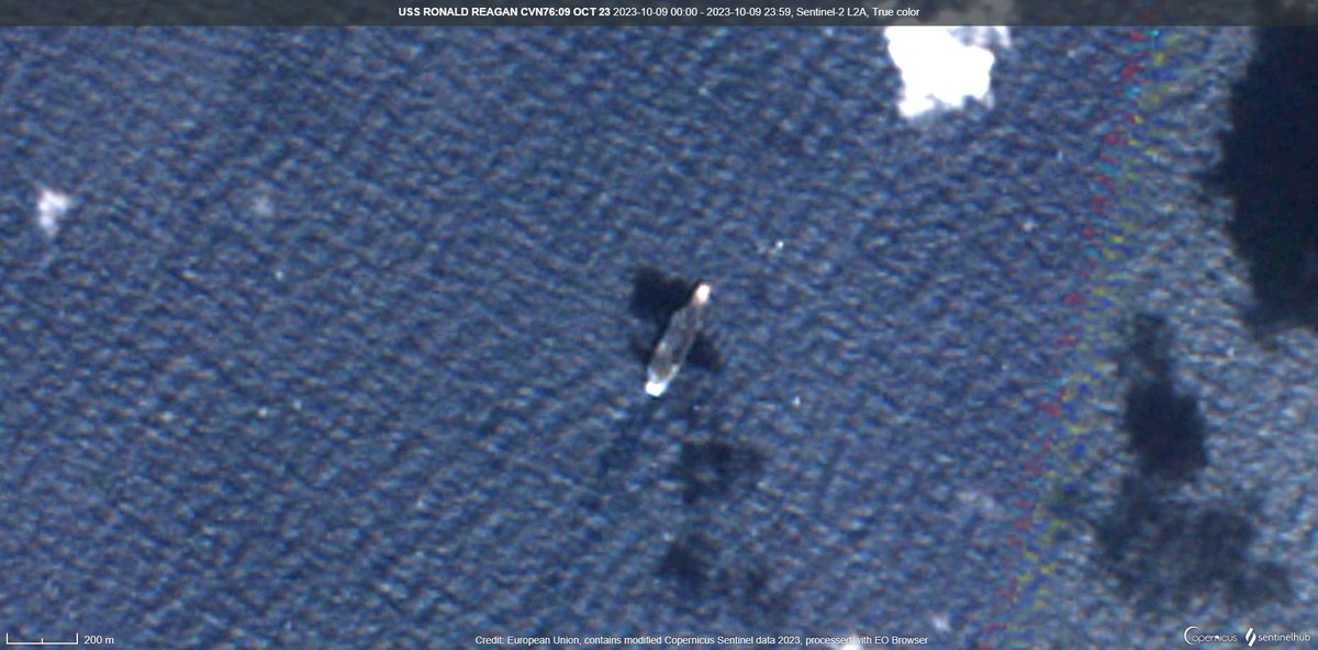 #USSRonaldReagan #CVN76 operating in #EastChinaSea on 09 Oct 23:02:28:38 UTC. Loc:32.396N,127.133E. ~58 nm SSE of #Jejodo Island. 📸#Sentinel2 🛰️@Moochikal @raje271065 @MT_Anderson @duandang @supbrow @CeciliaSykala @ryankakiuchan @NavyLookout @Ghongha007