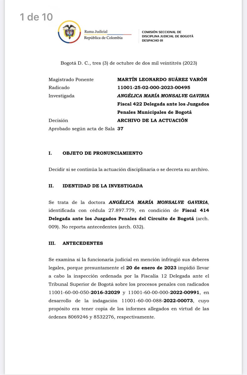 alazamo123's tweet photo. El pasado viernes 06 de octubre, el Magistrado de la Comisión Seccional de Disciplina Judicial de Bogotá del despacho 01 Dr. Martin Suarez Varón, haciéndole honor a su apellido, hizo  justicia en mi caso, contra una queja temeraria de la @FiscaliaCol en la que pretendían inhabilitarme por  haberme negado a que se inspeccionara el proceso transmilenio, en el marco de una investigación penal en mi contra, por haber ordenado entrevistar a “don” Emilio Tapia. 

El Magistrado, me absuelve de toda culpa, aduciendo que yo como fiscal del caso transmilenio soy garante de la reserva del proceso, y que finalmente accedí a los documentos mediante orden de juez de garantías, como debe ser, y en este sentido, se archiva la queja interpuesta. 

Aplaudo esta decisión en derecho, que al fin y al cabo son las que nos hace creer, que si se puede obrar sin sesgos e intereses ocultos. 

este será el destino de todas las quejas e investigaciones penales abiertas por la fiscalía en mi contra, producto del acoso judicial al que me tienen sometida. @CNDJ_Col