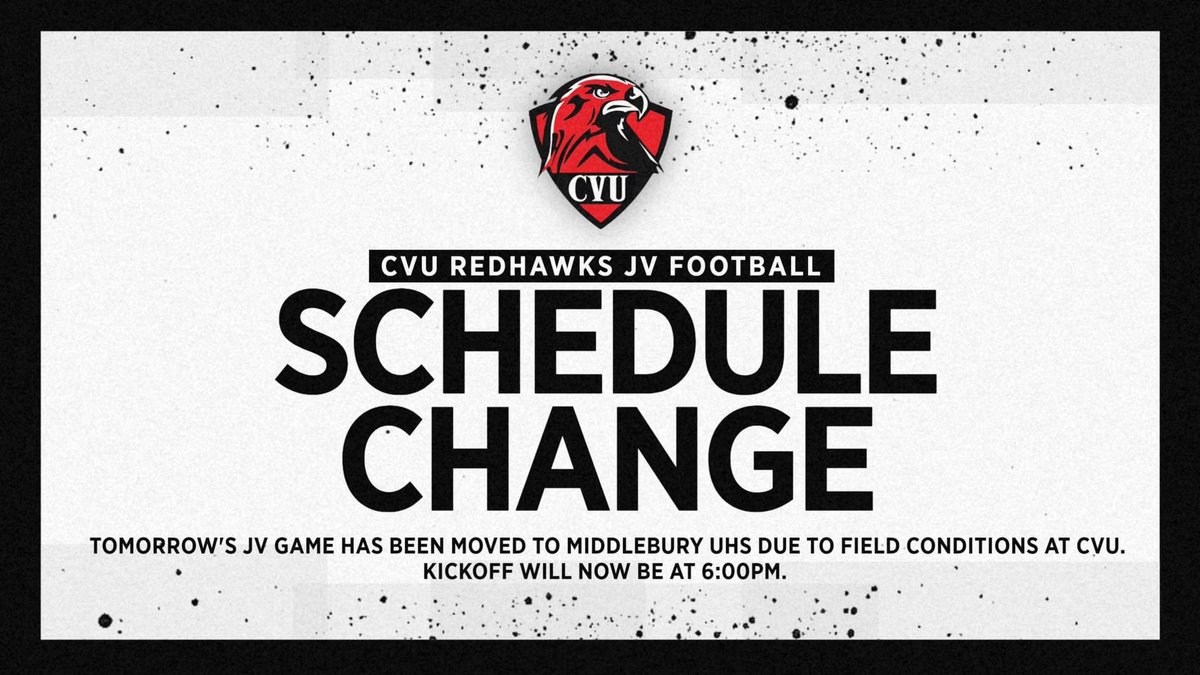 CVUFootball's tweet photo. Our weather/field issue at CVU causes another game to be moved.
Tomorrow's home JV Game vs Middlebury has been MOVED to Middlebury UHS, and will now start at 6:00pm. #WeNeedTurf #Ubuntu https://t.co/yURfe2q7Iz