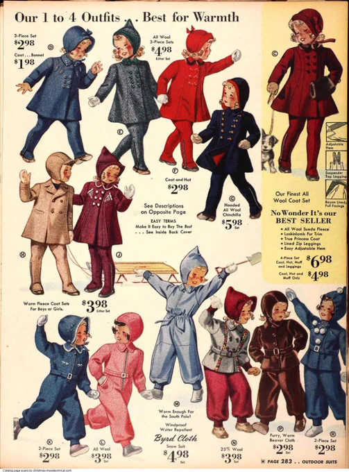 1940年のカタログに載ってた子供服かわいいなー。
私が埼玉の議員になったら、子供の冬服には先っちょがとんがったフードをつける条例を出します。 