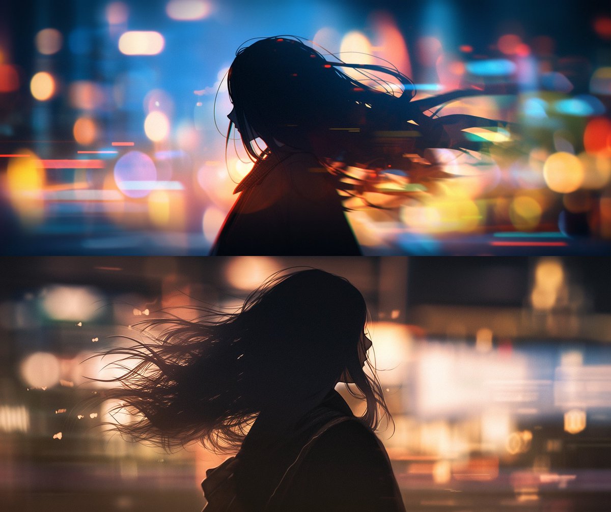 Wishing everyone a great productive week!

Prompt -
silhouette portrait of an asian woman with long hair standing in an urban environment, in the style of lensbaby, atmospheric urbanscapes, motion blur panorama, street scene, colorist --s 180 --ar 21:9