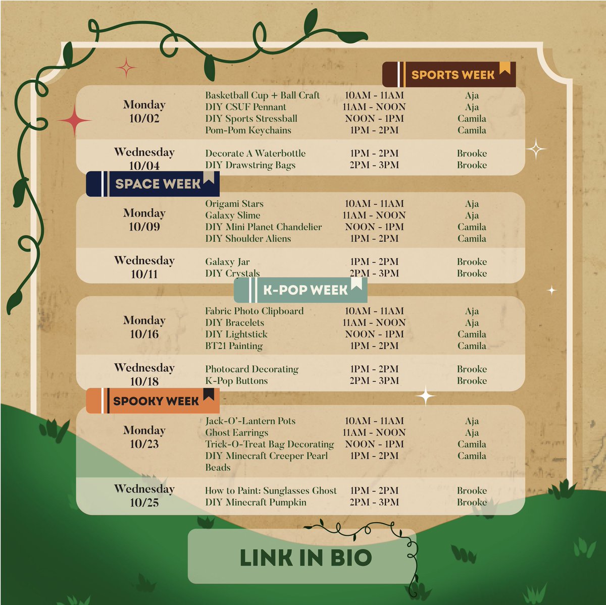 Hey Titans! Join us for the Drop-In Art Workshops this week! 🌌 ☄️ Create out-of-this-world crafts with all art supplies provided during Space Week at the Grand Stair Studio!

Swipe to see the full Drop-In Art Workshop schedule. ➡️