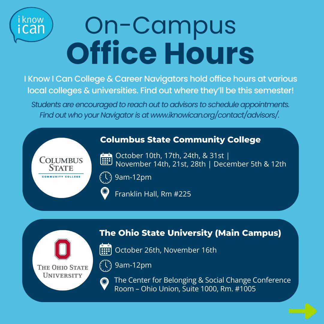 IKnowICan88's tweet photo. Hey, IKIC college students! 📢 Did you know that our College &amp; Career Navigators hold office hours at local colleges &amp; universities? Find out where they'll be this semester! 

**Students are encouraged to schedule appointments- find your Navigator at https://t.co/QcgIoBWDbm. https://t.co/38igJiOsti