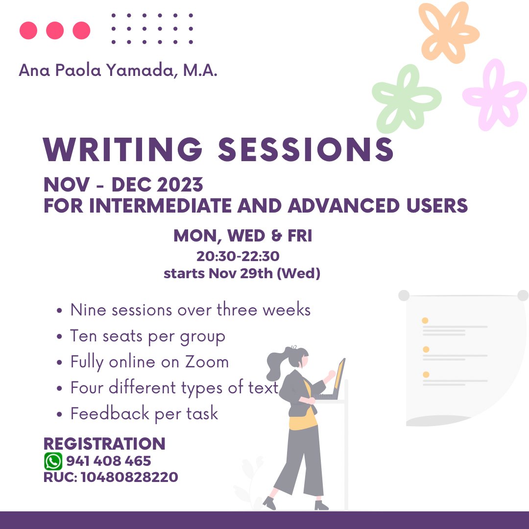 omnishambles92's tweet image. #WRITINGSESSIONS: el 29/11 daré inicio al primer taller de writing para aprendices de inglés de niveles intermedio y avanzado. En él, trabajaremos en cuatro tipos de textos evaluados en exámenes de certificación internacional.
Informes y reserva de vacantes👇🏽
WhatsApp:941 408 465
