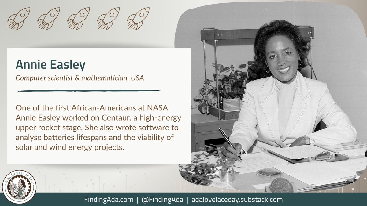 One of the first African-Americans at NASA, Annie Easley worked on Centaur, a high-energy upper rocket stage. She also wrote software to analyse batteries lifespans and the viability of solar and wind energy projects.

findingada.com/blog/2023/10/0… #ALD23 #AdaLovelaceDay