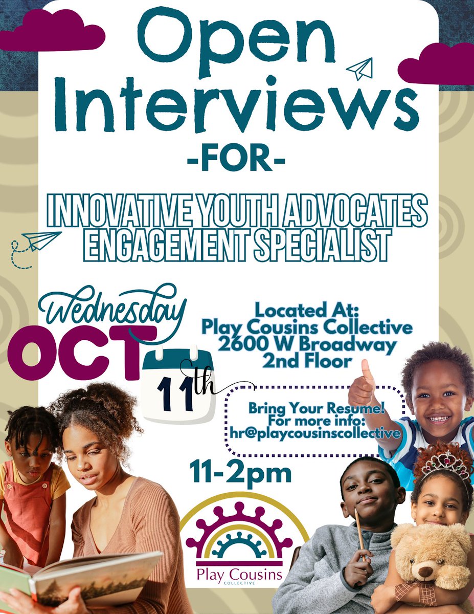 🥳Play Cousins Collective is looking for Innovate Youth Advocates (IYA's) as well as an Engagement Specialist! 

✅On Wednesday, October 11th from 11 AM - 2 PM we're hosting a hiring event, where heritage matters, and community thrives. Apply now and let's create magic together!
