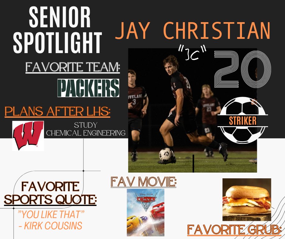 LHS_SoccerMen's tweet photo. ‼️⬛️SENIOR SPOTLIGHT🟧‼️ 
No 20, JC, Jay Christian. This is Jay’s 4th year in the program. Jay has contributed as a defender &amp; as a scoring machine up front, until his knee injury. This guy leads by example, on the field AND in the classroom - STUDENT athlete. Heal up! https://t.co/Bngjgkk8AV