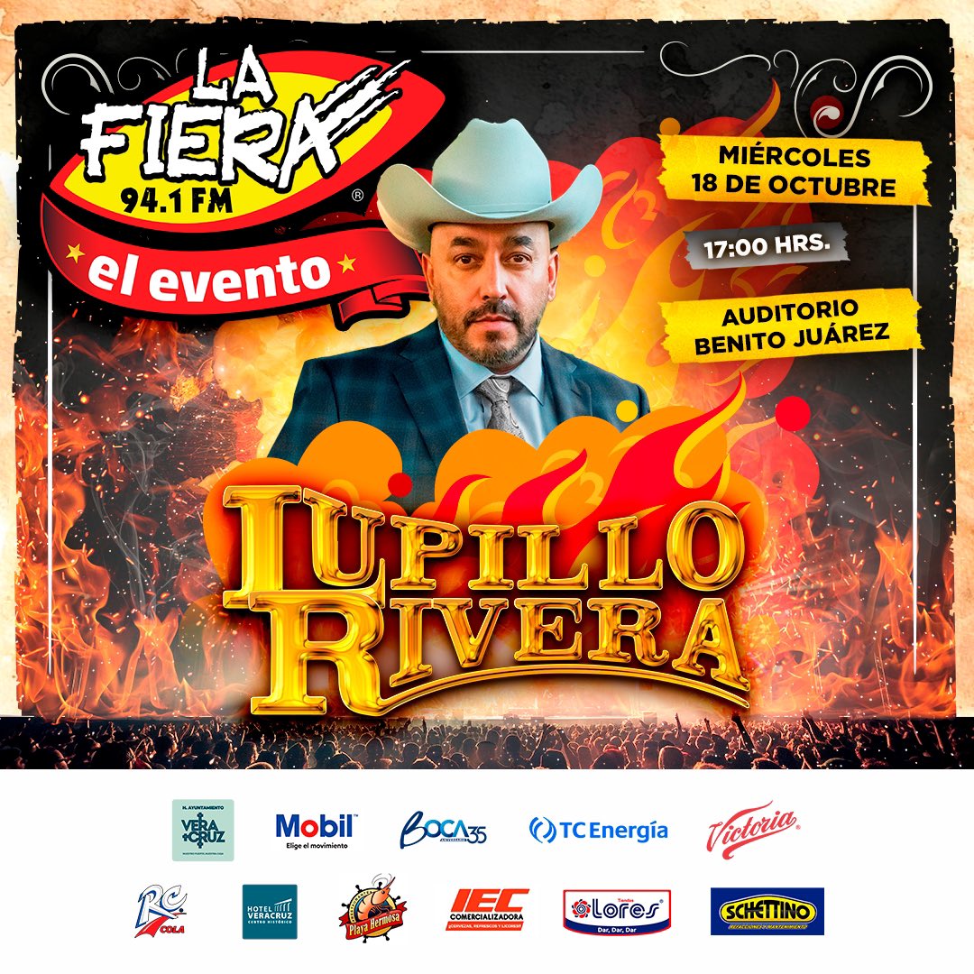 lafieraveracruz's tweet photo. Miércoles 18 de octubre , explanada del auditorio Benito Juárez 🔥🔥🔥 #LaFieraelevento #Veracruz 

#LupilloRivera #JuniorKlan #SuperLamas #MarioPolo #LosVela #grupoaudazderigodomínguez #RobertoMontalvo #KevinLozano #BandalaConsentida 
#FelizLunes #FelizInicioDeSemana https://t.co/Fd5bWAJNf8