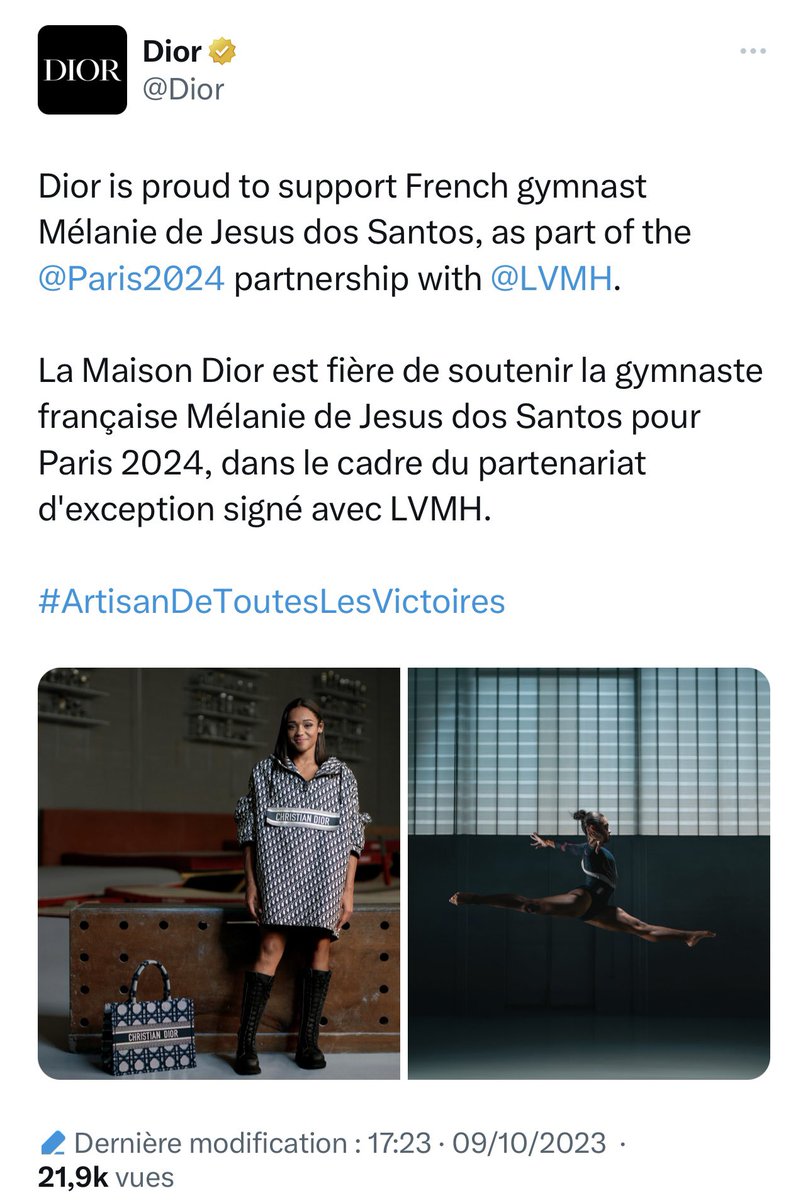 La gymnaste martiniquaise Mélanie de Jesus dos Santos devient ambassadrice pour Dior. 

Elle n’en finit pas de faire parler d’elle. Mélanie "DJDS" est la deuxième athlète, après Léon Marchand, à rejoindre le numéro un mondial de l’industrie du luxe, #LVMH.