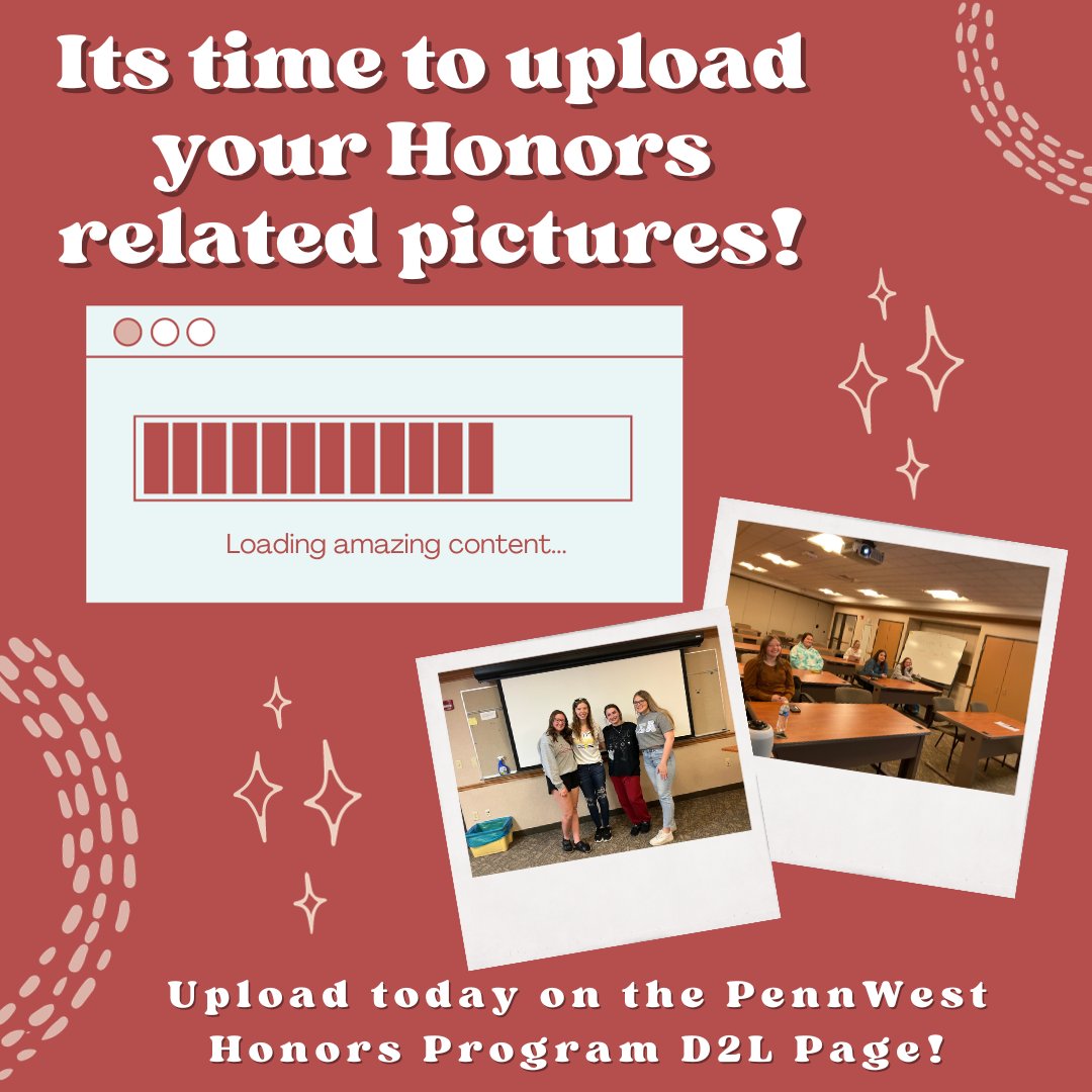 CalUHonors's tweet photo. Now available under "Assignments" on the PennWest Honors Program D2L Page is a Picture Submission Box. This is a great place to upload your pictures from Honors related events! https://t.co/esVxpOYdbM