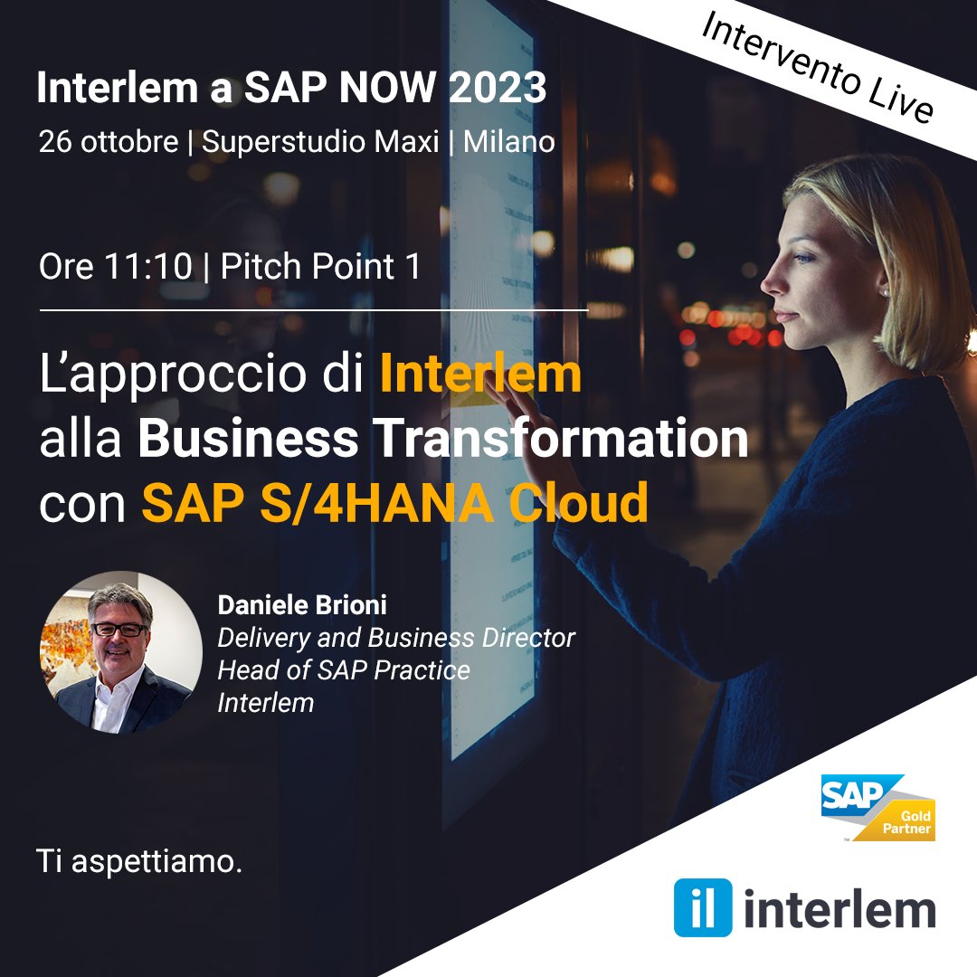 Interlem's tweet photo. #SAPNOW2023 📅 26/10 ore 11:10 📍 Pitch Point 1 - Vieni a scoprire il nostro percorso di #DigitalTransformation abilitato da #SAPS4HANA #Cloud e dall’utilizzo di metodi e strumenti di #Business Process Intelligence. https://t.co/EOykXPqHVs

#sapnow #BusinessTransformation #sap https://t.co/elvvKXEkEM