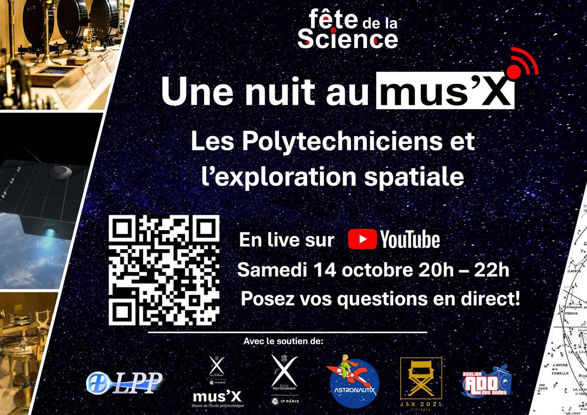 AstronautiXSC's tweet photo. Ce samedi 14 octobre à 20h, le binet AstronautiX et le Mus'X organisent un live pour vous parler de spatial 🤩 Il y sera question d'astronomie 🔭, d'exploration spatiale et des projets spatiaux étudiants menés à l'X 🛰🚀L'émission sera tout public !

 https://t.co/HzKXbXqve6 https://t.co/S6GvobHv4O