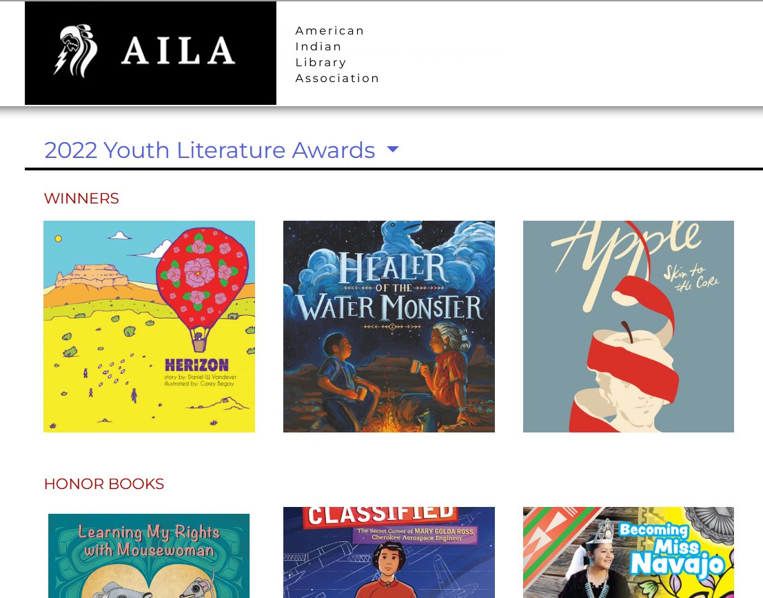Looking for books to read with your kids that honor Native &amp; Indigenous culture? 
Check out the past winners of the AILA American Indian Youth Literature Awards, with categories for Picture Book, Middle Grade Book &amp; Young Adult Book.
ailanet.org/activities/ame…
#IndigenousPeoplesDay