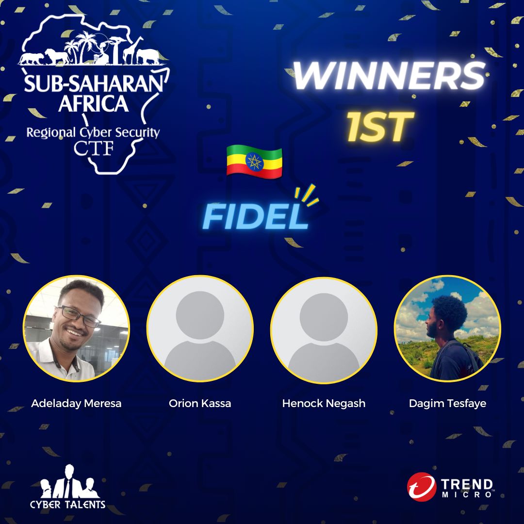 Cyber_Talents's tweet photo. Congratulations to the top 3 winners of #Sub_Saharan_Africa_Regional_CTF_2023 🎉🎉 It's been a tough competition between many talents in the region 🔥 Great work 👏🏾👏🏾 Thanks to all our participants for your spirit 💪🏾 https://t.co/dLsLRI2KEs 

@trendmicro_mea

#Cybersecurity https://t.co/qdC5IGNlqF