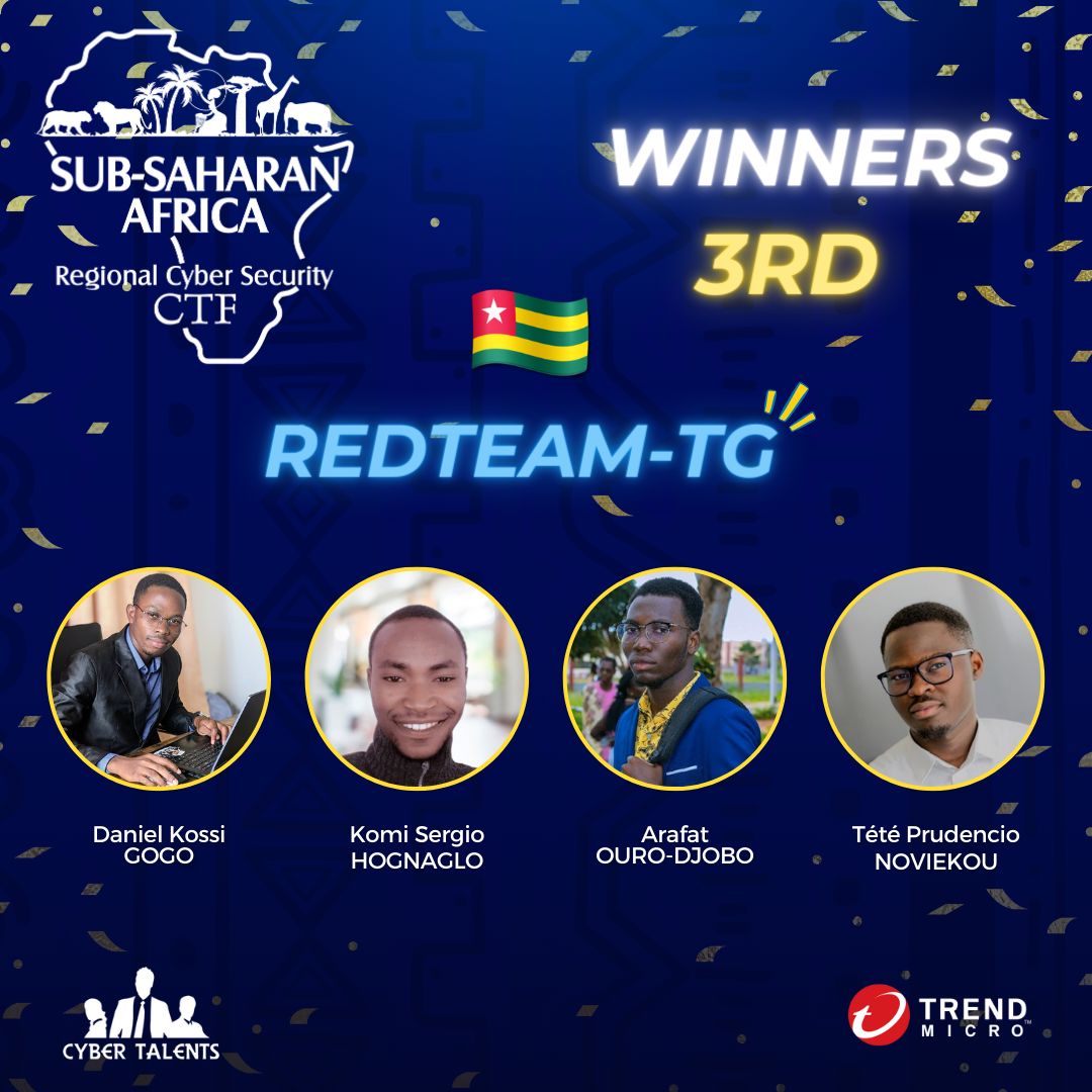 Cyber_Talents's tweet photo. Congratulations to the top 3 winners of #Sub_Saharan_Africa_Regional_CTF_2023 🎉🎉 It's been a tough competition between many talents in the region 🔥 Great work 👏🏾👏🏾 Thanks to all our participants for your spirit 💪🏾 https://t.co/dLsLRI2KEs 

@trendmicro_mea

#Cybersecurity https://t.co/qdC5IGNlqF