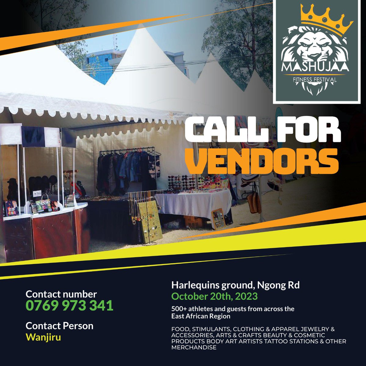 LeaClientS's tweet image. We are calling for vendors 📢📢📢📢

Do you deal in food, stimulants 🏋️‍♀️, accessories, arts, clothing and other merchandise? The Mashujaa Fitness Festival at Quins (Ngong RD) promises +500 athletes and guests for you 🫵🫵🫵

See poster for details!
