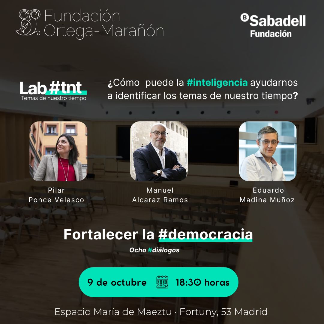 Iniciamos el primer diálogo del Laboratorio «Temas de nuestro tiempo» #Labtnt sobre cómo la inteligencia nos permite fortalecer la #democracia.  
👇
💻Únete a la conversación en: ortegaygasset.edu/tnt 

Con @EduMadina, Pilar Ponce y Manuel Alcaraz.