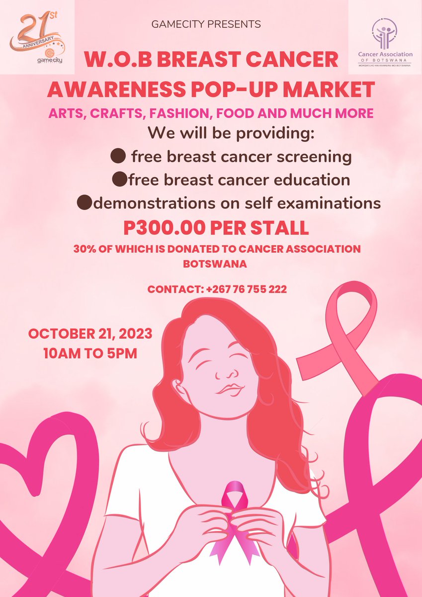 ArtdealingSyd's tweet photo. We're back again.. get your stall in support of Cancer Association of Botswana 
We'll have
1. Free breast cancer screening 
2. Free breast cancer education 
3. Free demonstrations on self examination 

See you there💞🎀 https://t.co/JpRMlx8yIy