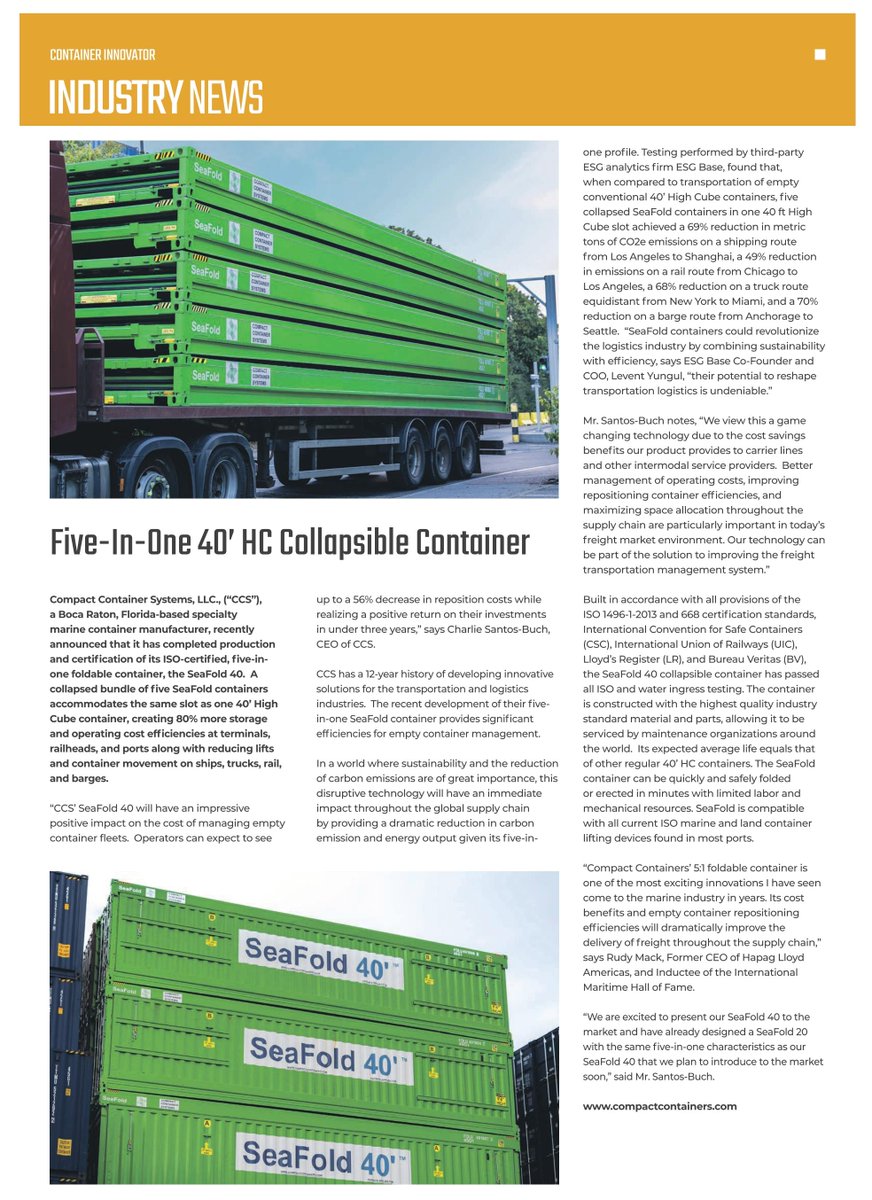 CompactCargo's tweet photo. We're thrilled to announce that our groundbreaking Five-in-One 40' Collapsible SeaFold container is grabbing headlines in Container Innovator Magazine!
If you're attending #IntermodalEU this week in #Amsterdam, we'd love to meet you! @IntermodalEU https://t.co/jXyYyTe8JM