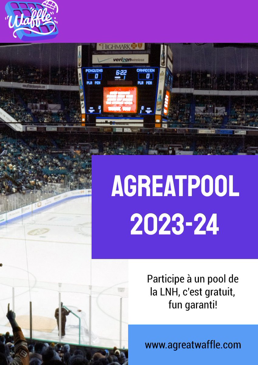 Jusqu'à demain soir pour s'inscrire ! A Great Pool est de retour pour la saison LNH 23-24. 15 choix à faire, un échange par mois, concept simple. Pour y participer : agreatwaffle.com