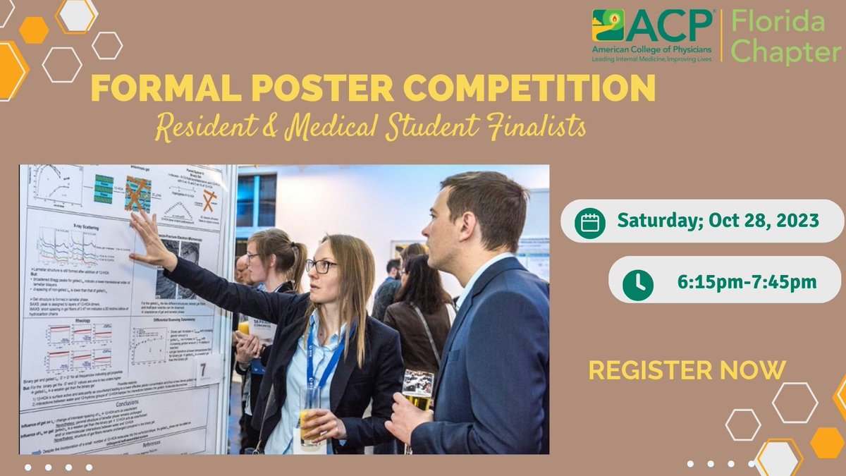 ACPFLchapter's tweet photo. Join us in supporting our excellent resident and medical student finalists as they compete in their formal poster competition at the ACP FL Chapter annual scientific meeting. Register now ▶️ https://t.co/JnwL9q1JdA
#ACPTampa23 #IMProud #ACPIMPhysicians #ACPInternists https://t.co/zAPuflkU2b