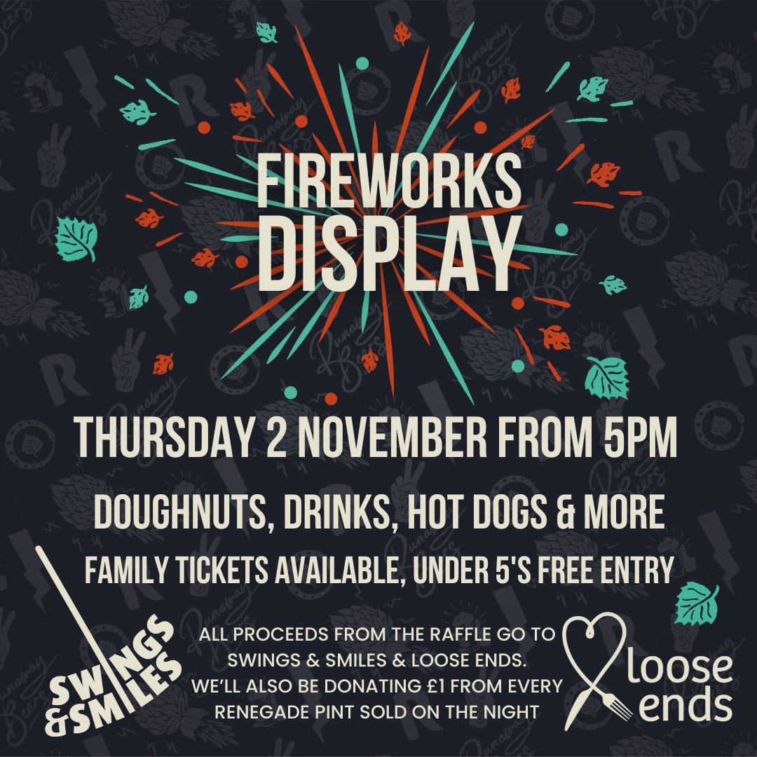Mesmerizing fireworks synchronized to music, delicious treats and a raffle plus £1 of every Renegade pint sold on the night will be donated to charity.

Click the link to buy tickets - bit.ly/3OBptiQ

#fireworks
#berkshire 
#westberkshire
#beer